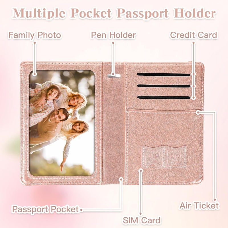 RHOttbiy Passport Holder for Travel, RFID Blocking Passport Cover with Pen Holder Leather Passport Wallet Case Travel Must Haves Accessories Passport Book Card Holder for Family Travel Essentials, Rose Gold - Image 5